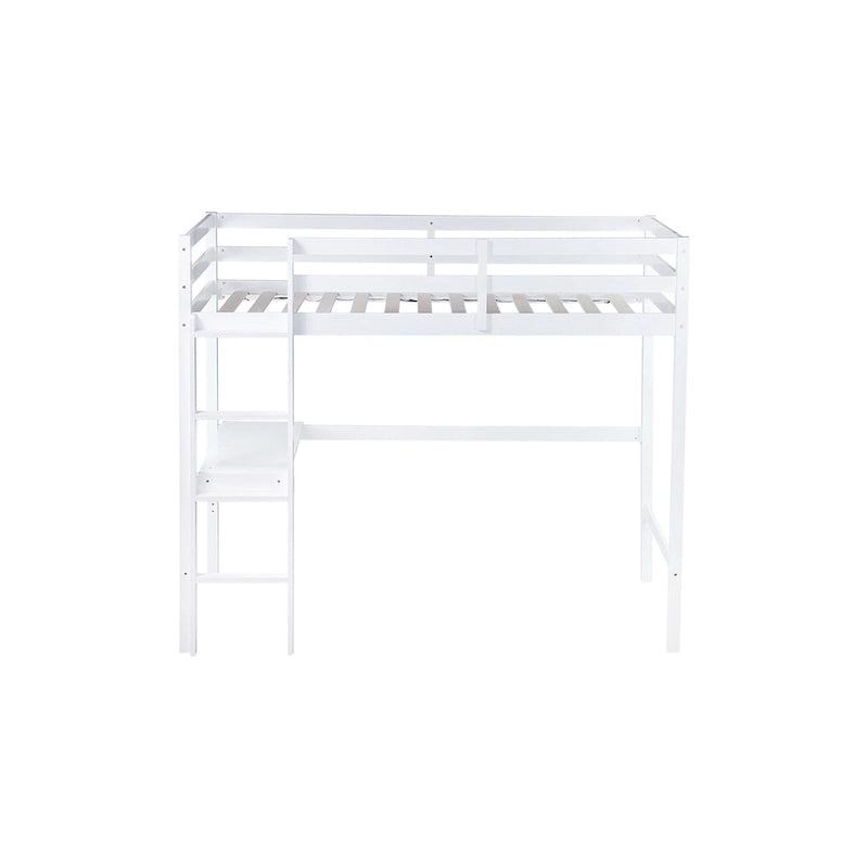Lit mezzanine double en bois d'hévéa avec bureau intégré et étagères latérales à 2 niveaux
