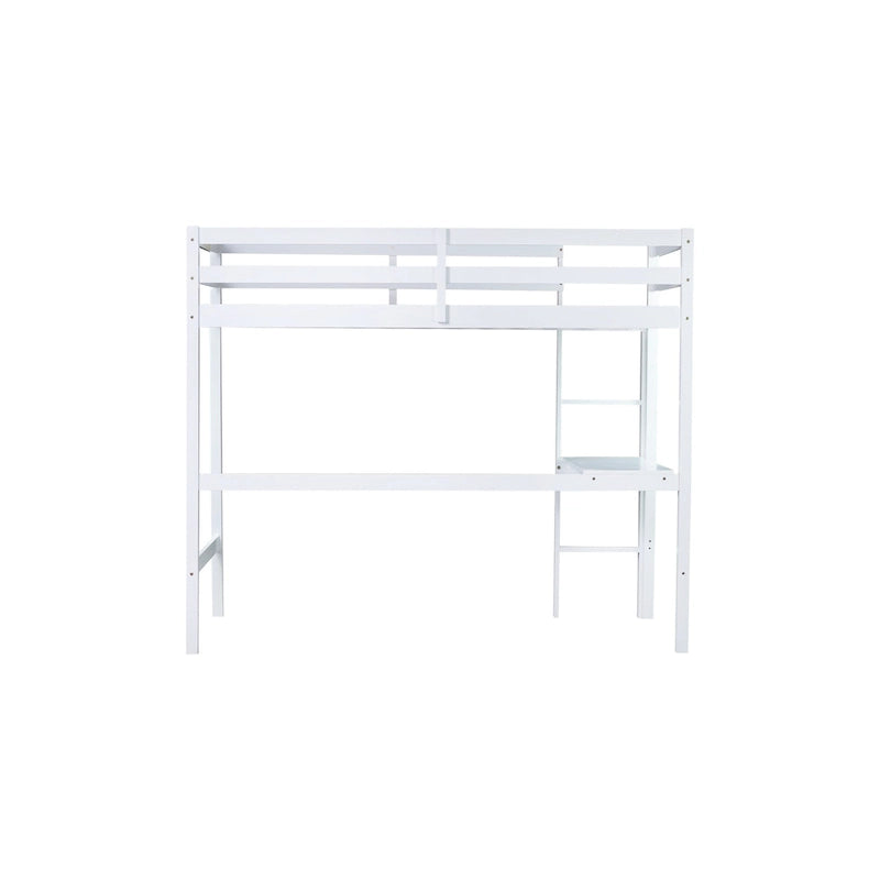 Lit mezzanine double en bois d'hévéa avec bureau intégré et étagères latérales à 2 niveaux