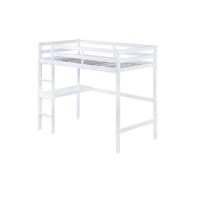 Lit mezzanine double en bois d'hévéa avec bureau intégré et étagères latérales à 2 niveaux