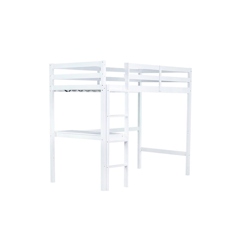 Lit mezzanine double en bois d'hévéa avec bureau intégré et étagères latérales à 2 niveaux