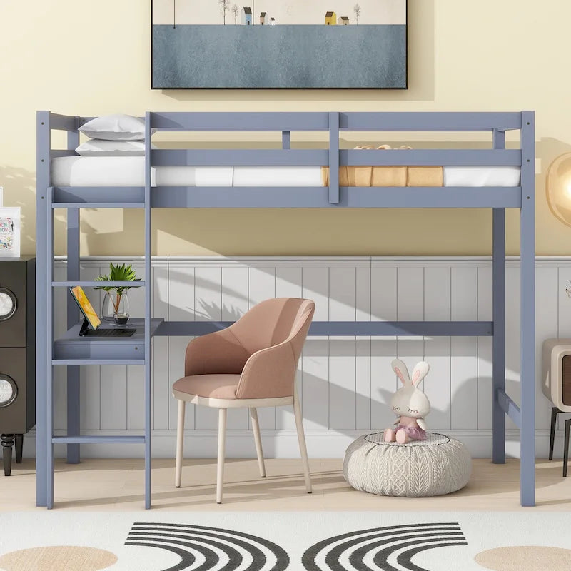Lit mezzanine double en bois d'hévéa avec bureau intégré et étagères latérales à 2 niveaux