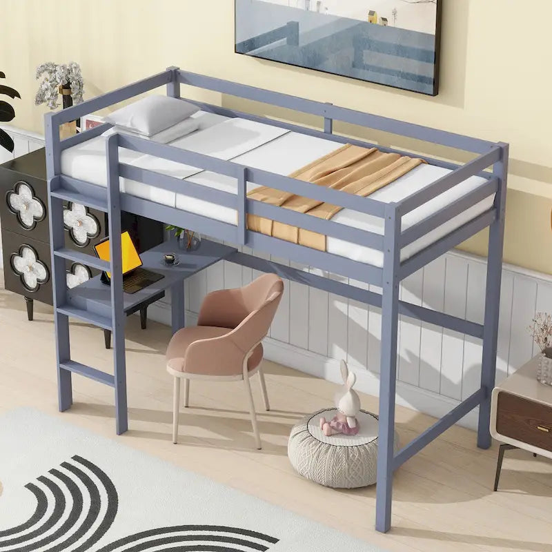 Lit mezzanine double en bois d'hévéa avec bureau intégré et étagères latérales à 2 niveaux