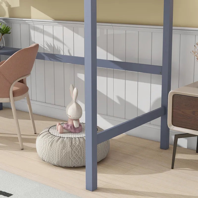 Lit mezzanine double en bois d'hévéa avec bureau intégré et étagères latérales à 2 niveaux
