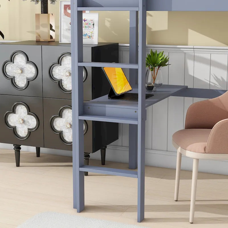 Lit mezzanine double en bois d'hévéa avec bureau intégré et étagères latérales à 2 niveaux