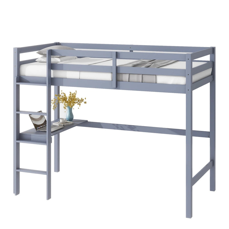 Lit mezzanine double en bois d'hévéa avec bureau intégré et étagères latérales à 2 niveaux