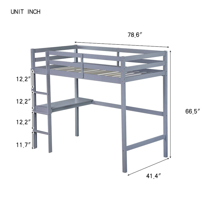 Lit mezzanine double en bois d'hévéa avec bureau intégré et étagères latérales à 2 niveaux