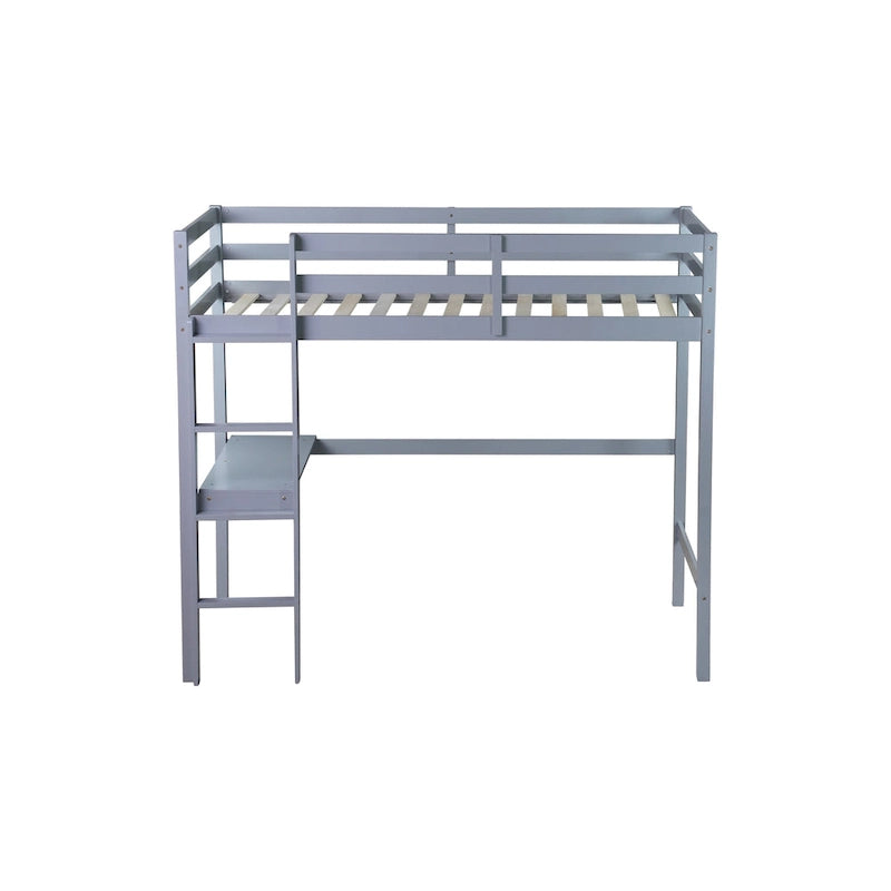 Lit mezzanine double en bois d'hévéa avec bureau intégré et étagères latérales à 2 niveaux