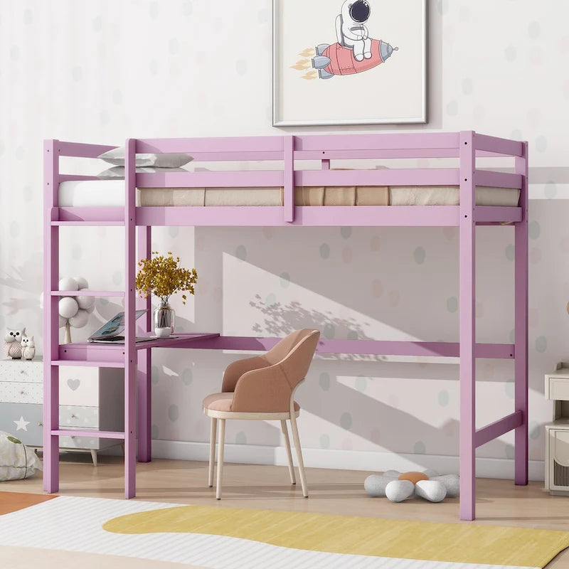 Lit mezzanine double en bois d'hévéa avec bureau intégré et étagères latérales à 2 niveaux
