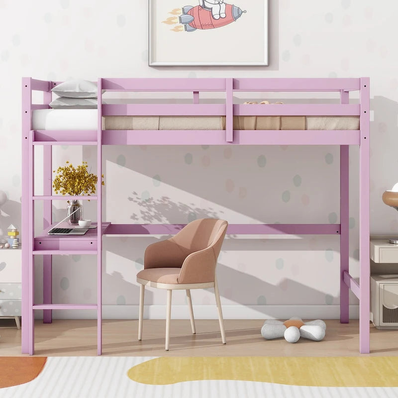 Lit mezzanine double en bois d'hévéa avec bureau intégré et étagères latérales à 2 niveaux