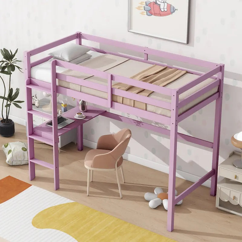 Lit mezzanine double en bois d'hévéa avec bureau intégré et étagères latérales à 2 niveaux