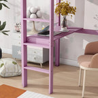Lit mezzanine double en bois d'hévéa avec bureau intégré et étagères latérales à 2 niveaux