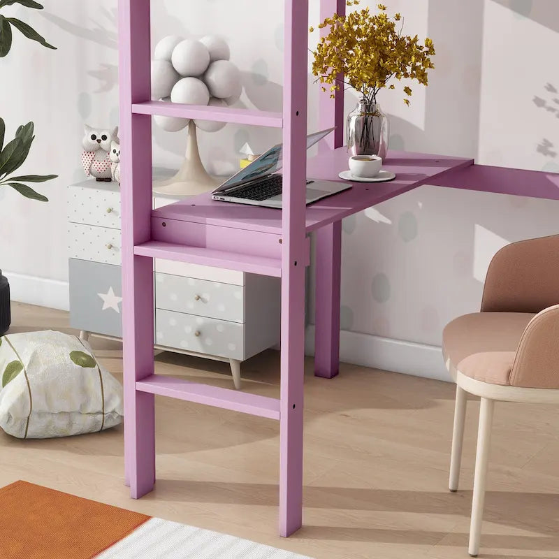 Lit mezzanine double en bois d'hévéa avec bureau intégré et étagères latérales à 2 niveaux