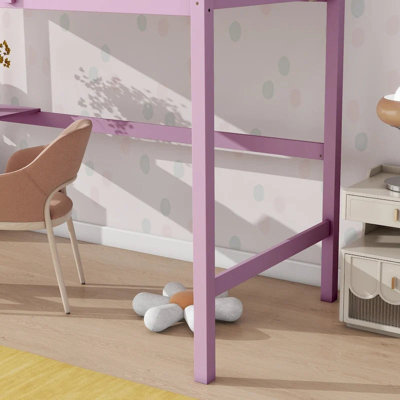 Lit mezzanine double en bois d'hévéa avec bureau intégré et étagères latérales à 2 niveaux