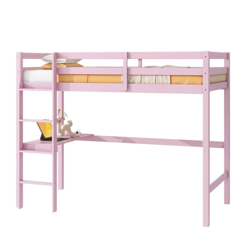 Lit mezzanine double en bois d'hévéa avec bureau intégré et étagères latérales à 2 niveaux