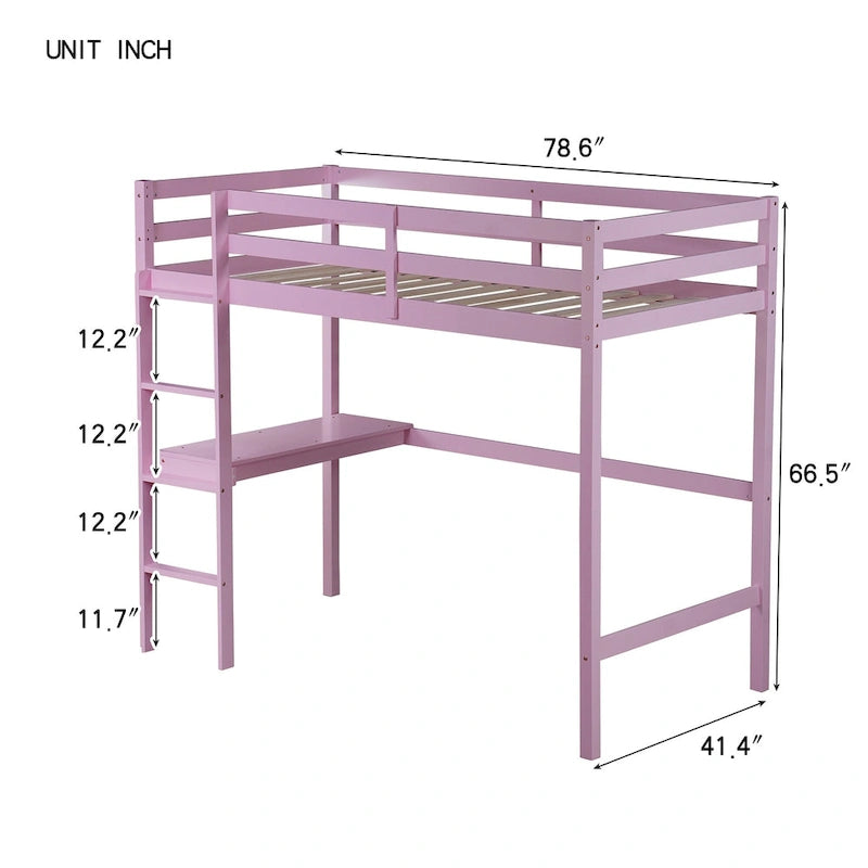 Lit mezzanine double en bois d'hévéa avec bureau intégré et étagères latérales à 2 niveaux