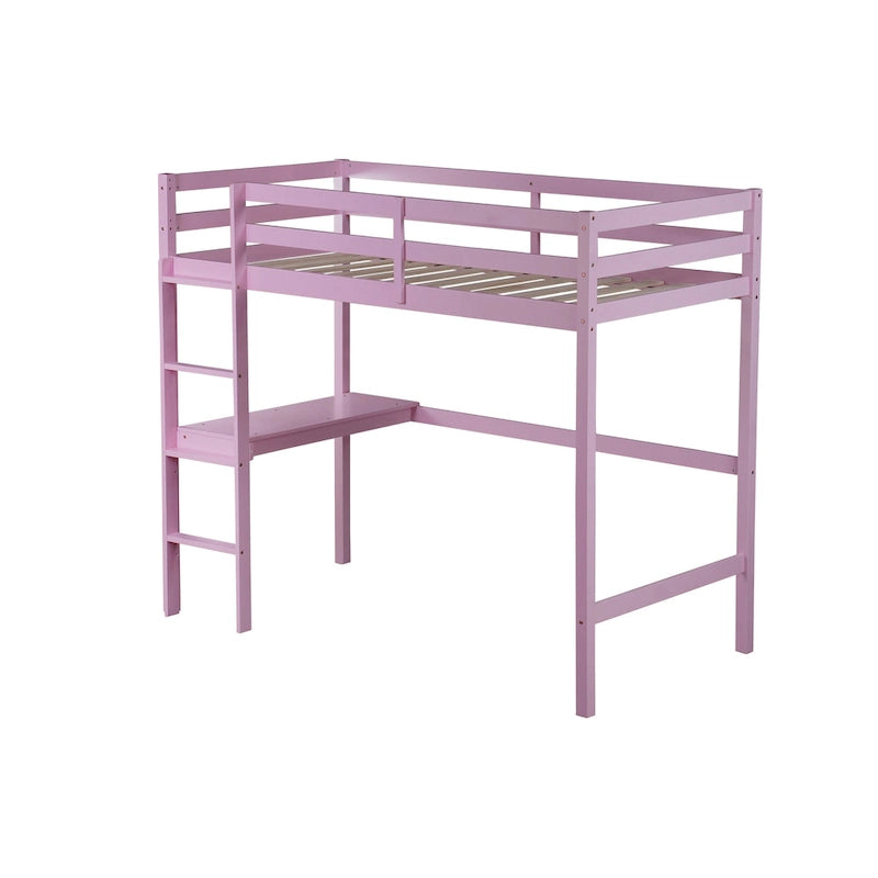 Lit mezzanine double en bois d'hévéa avec bureau intégré et étagères latérales à 2 niveaux