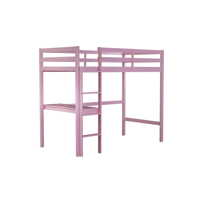 Lit mezzanine double en bois d'hévéa avec bureau intégré et étagères latérales à 2 niveaux