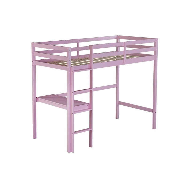 Lit mezzanine double en bois d'hévéa avec bureau intégré et étagères latérales à 2 niveaux