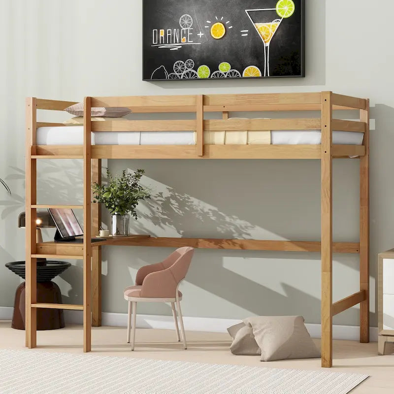 Lit mezzanine double en bois d'hévéa avec bureau intégré et étagères latérales à 2 niveaux