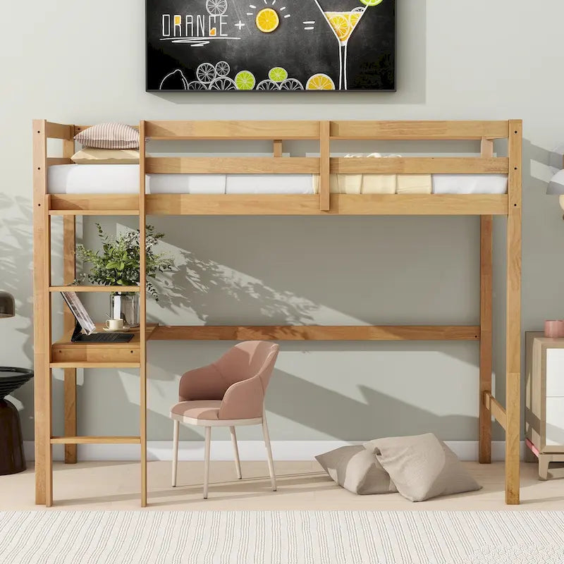 Lit mezzanine double en bois d'hévéa avec bureau intégré et étagères latérales à 2 niveaux