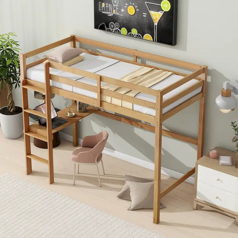 Lit mezzanine double en bois d'hévéa avec bureau intégré et étagères latérales à 2 niveaux
