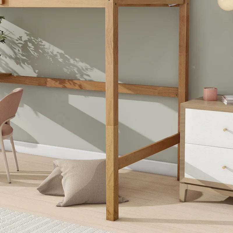 Lit mezzanine double en bois d'hévéa avec bureau intégré et étagères latérales à 2 niveaux