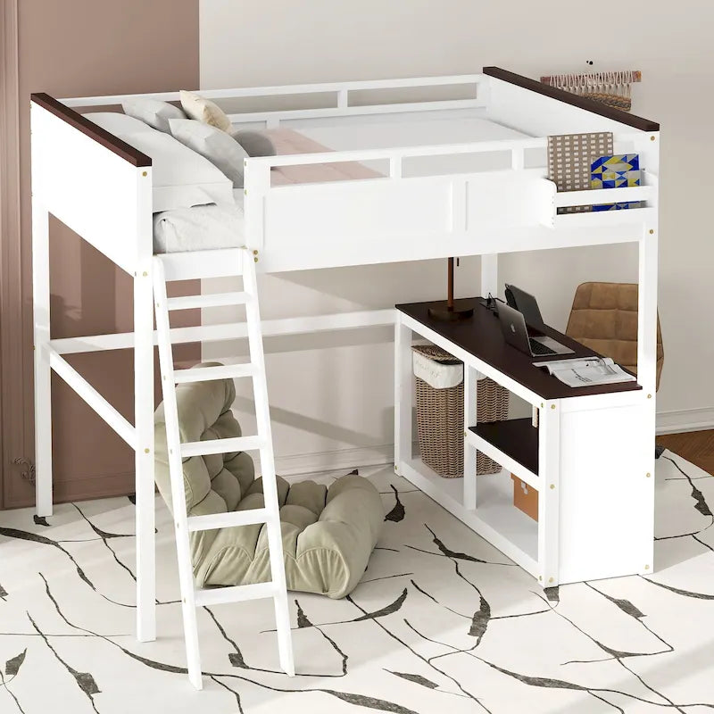 Lit mezzanine blanc grand format en pin massif avec bureau, 3 étagères, coffre de rangement et casiers de tête de lit