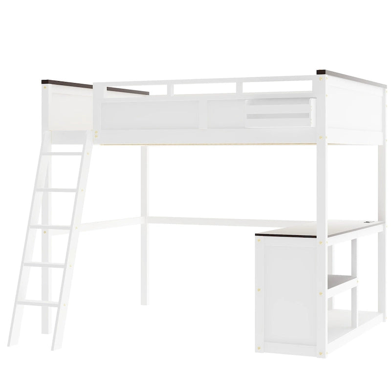 Lit mezzanine blanc grand format en pin massif avec bureau, 3 étagères, coffre de rangement et casiers de tête de lit