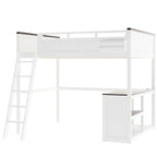 Lit mezzanine blanc grand format en pin massif avec bureau, 3 étagères, coffre de rangement et casiers de tête de lit