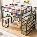 Lit mezzanine noir en métal pleine taille avec bureau en L, étagères à 3 niveaux et escalier de rangement
