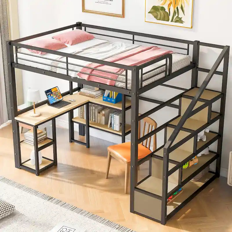Lit mezzanine noir en métal pleine taille avec bureau en L, étagères à 3 niveaux et escalier de rangement