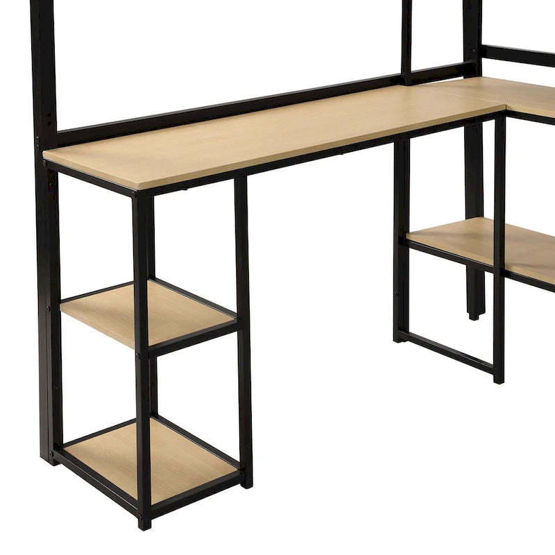 Lit mezzanine noir en métal pleine taille avec bureau en L, étagères à 3 niveaux et escalier de rangement