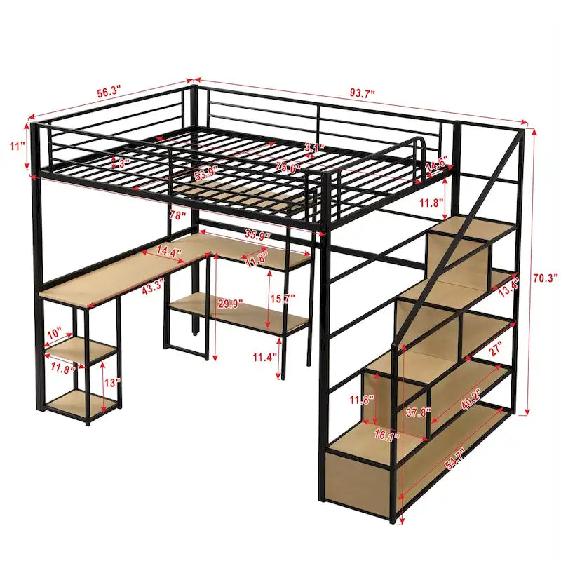 Lit mezzanine noir en métal pleine taille avec bureau en L, étagères à 3 niveaux et escalier de rangement
