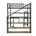 Lit mezzanine noir en métal pleine taille avec bureau en L, étagères à 3 niveaux et escalier de rangement