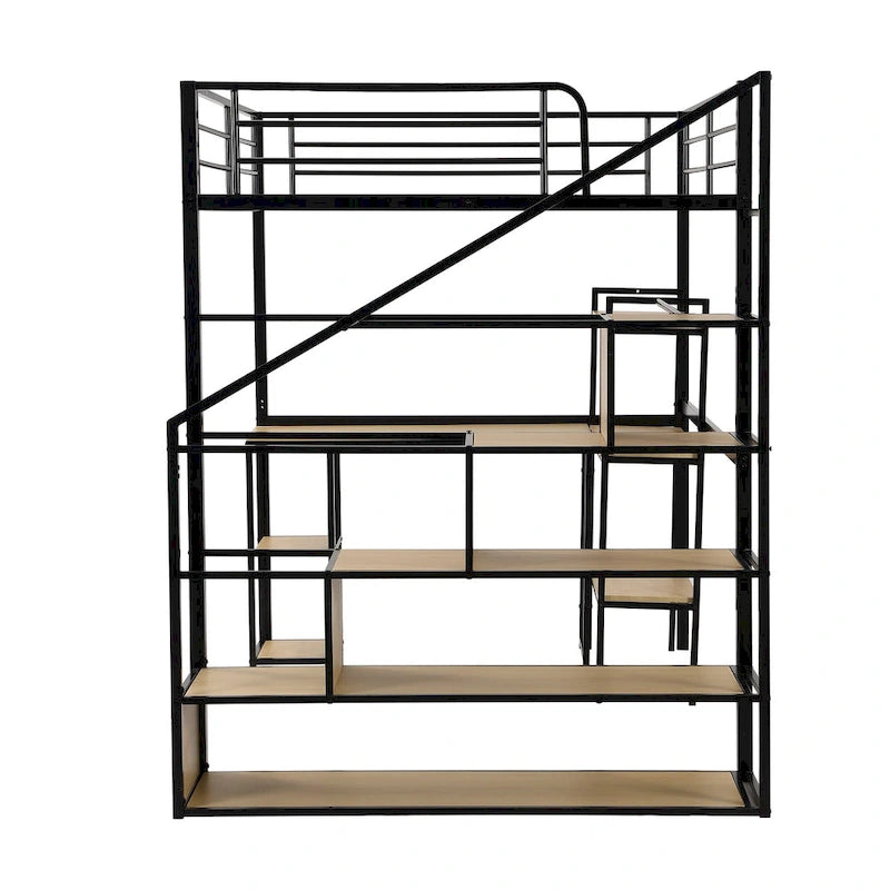 Lit mezzanine noir en métal pleine taille avec bureau en L, étagères à 3 niveaux et escalier de rangement