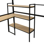 Lit mezzanine noir en métal pleine taille avec bureau en L, étagères à 3 niveaux et escalier de rangement