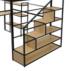 Lit mezzanine noir en métal pleine taille avec bureau en L, étagères à 3 niveaux et escalier de rangement