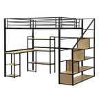 Lit mezzanine noir en métal pleine taille avec bureau en L, étagères à 3 niveaux et escalier de rangement