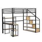Lit mezzanine noir en métal pleine taille avec bureau en L, étagères à 3 niveaux et escalier de rangement