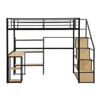 Lit mezzanine noir en métal pleine taille avec bureau en L, étagères à 3 niveaux et escalier de rangement