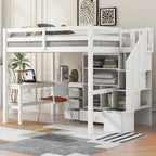 Lit mezzanine pleine grandeur en bois de pin avec bureau en L, 3 tiroirs, armoire et escalier de rangement