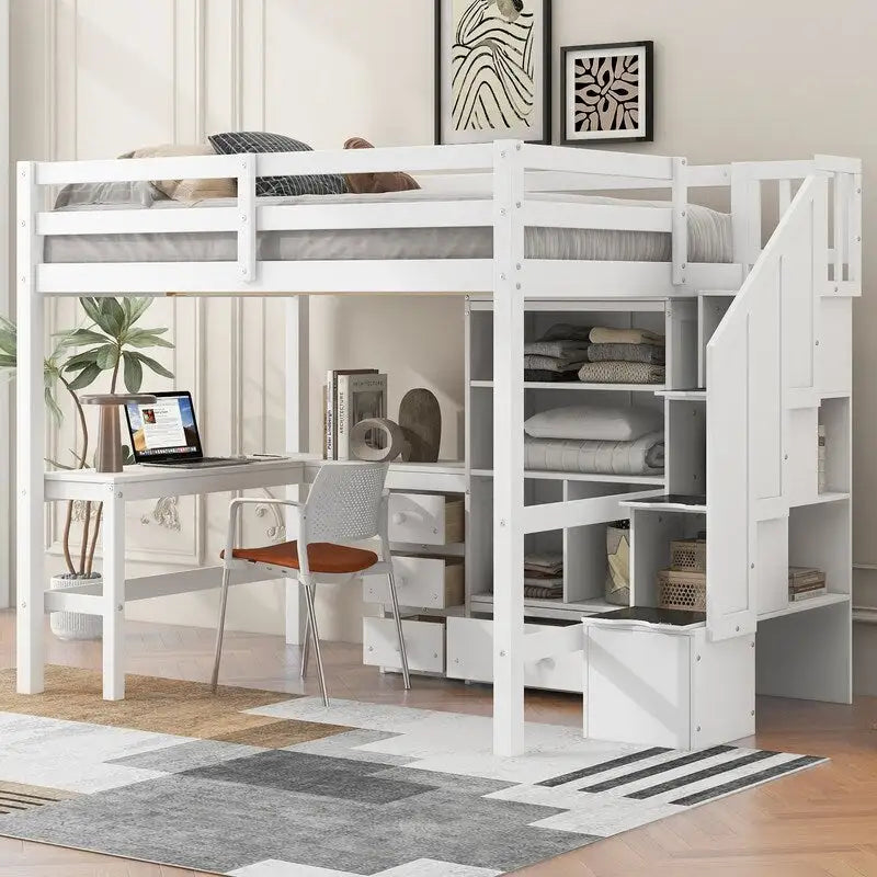Lit mezzanine pleine grandeur en bois de pin avec bureau en L, 3 tiroirs, armoire et escalier de rangement