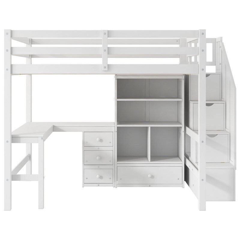 Lit mezzanine pleine grandeur en bois de pin avec bureau en L, 3 tiroirs, armoire et escalier de rangement