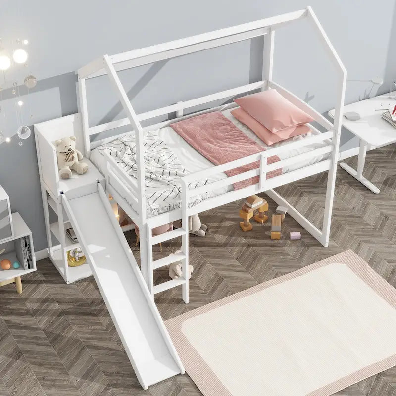 Lit mezzanine double blanc avec toboggan, étagères de rangement et éclairage intégré