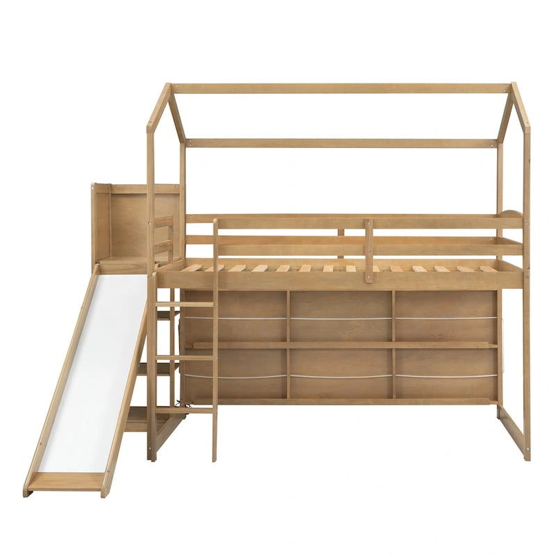 Lit mezzanine double blanc avec toboggan, étagères de rangement et éclairage intégré