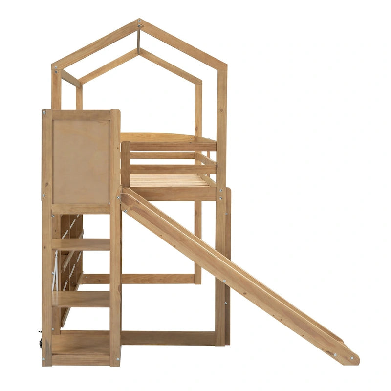 Lit mezzanine double blanc avec toboggan, étagères de rangement et éclairage intégré