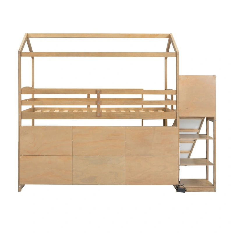 Lit mezzanine double blanc avec toboggan, étagères de rangement et éclairage intégré
