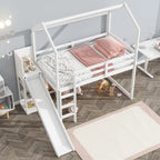 Lit mezzanine double blanc avec toboggan, étagères de rangement et éclairage intégré