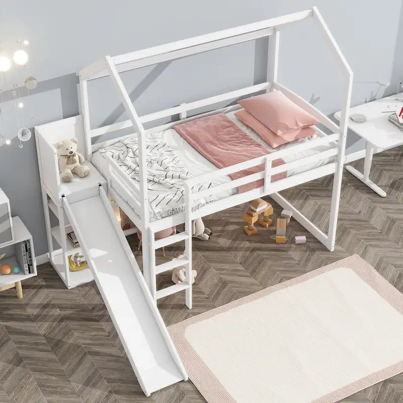Lit mezzanine double blanc avec toboggan, étagères de rangement et éclairage intégré