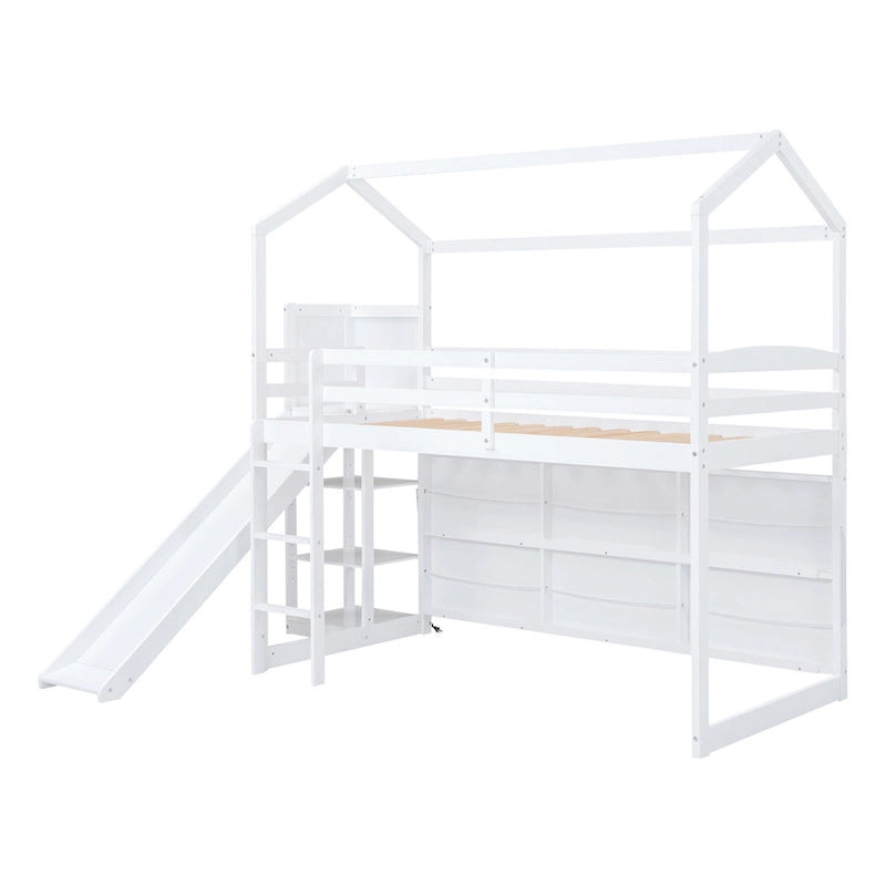 Lit mezzanine double blanc avec toboggan, étagères de rangement et éclairage intégré